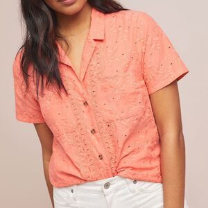 Maeve Anthropologie Eyelet Guayabera Short Sleeve Button Down Blouse - Women’s 8